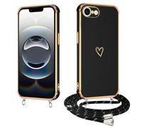 E-Lush Coque pour iPhone 16e avec Cordon, Coque pour iPhone se 2025 Silicone avec Motif Coeur d'amour Mignon Étui Housse Antichoc avec Collier Réglable Lanyard Case, Noir
