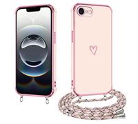 E-Lush Coque pour iPhone 16e avec Cordon, Coque pour iPhone SE 2025 Silicone avec Motif Coeur d'amour Mignon Étui Housse Antichoc avec Collier Réglable Lanyard Case, Or Rose