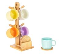E-ROOM TREND MHC400 Arbre à tasses en bambou avec dessous de verre 4 pièces | Support pour tasses à café avec 4 crochets | Accessoires de comptoir de café décoratif pour bar à café (MHC400)