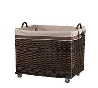 e-wicker 24 Coffre de rangement en osier, Panier à linge rectangle avec roulettes et doublure en tissu, malle rangement,corbeille, boite (Brun_beige)