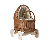 e-wicker24 Grand Landau-Poussette pour poupée en Osier Naturel avec Les Roues en Bois et Joli Tissu Beige