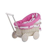 e-wicker24 Landau-Poussette pour poupée en Osier Blanc,poignée et Roues en Bois avec Un Joli Tissu