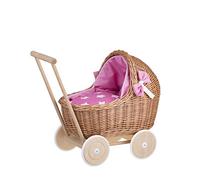 e-wicker24 Landau-Poussette pour poupée en Osier,poignée et Roues en Bois avec Tissu de Couleur Blanche et Rose, Jeux Enfants (Pink)