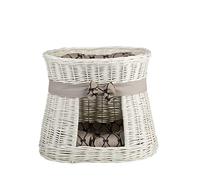 e-wicker24 Panier, Maison en Osier à Deux étages,Tour en Osier Blanc avec lit au Dessus et 2 Coussins Beige imprimé Petits os marons