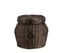 e-wicker24 Pouf de Rangement Coffre de Rangement, Panier rond avec couvercle en osier marron. (Ø: 28 H32, Maron/gris)
