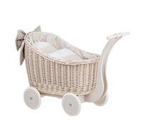 e-wicker24 Poussette de Poupée en Osier avec Parure de Lit, Chariot pour Poupées, Beau Jouet pour Filles (Beige)