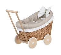 e-wicker24 Poussette en Osier, Landau pour poupée, nacelle pour Jouets, poignée et Roues en Bois (Naturel, Beige)