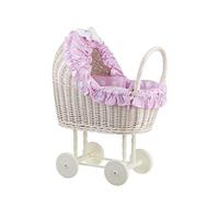 e-wicker24 Poussette - Landau pour poupée en Osier Blanc-Creme, Cadeau pour Les Enfants (Blanc, Rose)