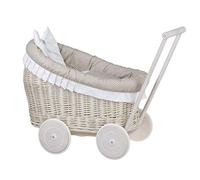 e-wicker24 Poussette, Landau pour poupée,nacelle pour Jouets, poignée et Roues en Bois (Blanc, Beige)