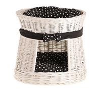 e-wicker24 Tour,Niche,Maison,Panier Rond à Deux étages, en Osier Blanc avec Deux Coussins Noir imprimé Gros Pois Blancs et Joli nœud décoratif