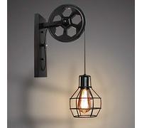 E27 Applique Murale Industrielle Poulie Vintage Suspension Métal en forme Cage Rétro Lampe de Mur Loft Corde Ajustable (Noir)