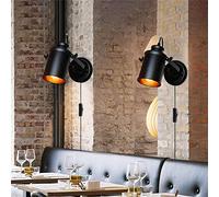 E27 Intérieur Rétro Applique Murale avec Interrupteur+Fil+Prise Lampe Murale Vintage Rotatif 180° Applique de Lit Industriel Noir Luminaire Mural pour Chambre à Coucher Bureau Lit Couloir (2 Pièces)