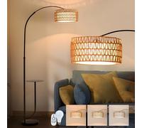 E27 Lampe à arc Salon Lampadaire, Lampe sur Pied Moderne avec Abat-jour en Rotin, Lampadaire Boho avec Télécommande et Plateau de Rangement, Lampadaires de Lecture pour Chambre à Coucher, Bureau