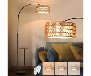 E27 Lampe à arc Salon Lampadaire, Lampe sur Pied Moderne avec Abat-jour en Rotin, Lampadaire Boho avec Télécommande et Plateau de Rangement, Lampadaires de Lecture pour Chambre à Coucher, Bureau