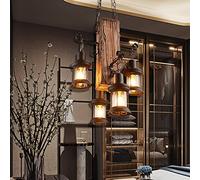 E27 Vintage Suspension Lampe Rétro Edison Loft Lustre Rétro Industriel Plafonnier En Hauteur Réglable En Bois De Fer En Verre Abat Jour 4Heads Lampe Pendant Restaurant Restaurant Café Décoration