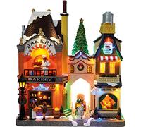 e4fun Village de Noël Boulangerie avec éclairage LED,musique et sapin de Noël tournant, adaptateur secteur inclus