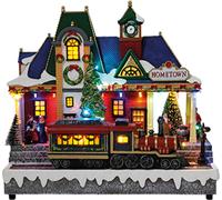 e4fun Village de Noël, station de train avec éclairage LED, musique et train en mouvement, décoration de Noël, adaptateur électrique inclus