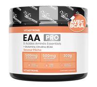 EAA PRO 9 Acides Aminés Essentiels Vitastrong, EAA en Poudre 300g, Arôme Pêche, Acides Aminés Ramifiés BCAA, Glutamine, L Citrulline, L Tyrosine, L Lysine, L Tryptophane, Méthionine, Leucine Pure
