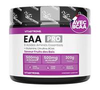 EAA PRO 9 Acides Aminés Essentiels Vitastrong, EAA en poudre 300g aux Fruits Rouges, Acides Aminés Ramifiés BCAA, Glutamine, L Citrulline, L Tyrosine, L Lysine, L Tryptophane, Méthionine, Leucine Pure