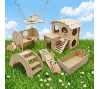 EAAGHK 6 Pcs Jouet Hamster en Bois, Accessoires pour Cage de Cochon d'Inde, Jouet à Mâcher pour Hamster, Jouets d'escalade, Pont et Balançoire, Maison à 2 Étages, pour DIY Cage Petits Animaux Totoro