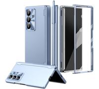 Eabhulie Coque galvanoplastie pour Samsung Galaxy Z Fold 7 avec porte-stylo, charnière magnétique, protection d'écran intégrée, coque de protection d'objectif bleu