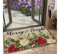 EAEQKOUC rectangulaire Floral 3D de Noël Motifs festifs de Poinsettia avec Texte de vœux Parfait pour la décoration d’entrée Durable Tapis-60x90cm