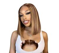 EAGERA Perruques de cheveux humains blonds avec reflets sans colle, fermeture HD 22,7 x 15,2 cm, pré-coupés, 14 pouces, 4/27, sans colle, perruque brune