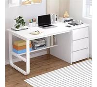 Eagleize Bureau d'ordinateur moderne avec tiroirs et étagères de rangement, bureau d'écriture moderne en bois avec base en métal (blanc, 100,3 x 49,5 x 73,7 cm (l x P x H)