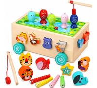 EagleStone Jouet Montessori en Bois 25 Pièces, Pêche,Capture et Association | Avec 2 Cannes à Pêche, Vers, Poissons et Blocs Animaux, Jeu de Motricité Fine, Cadeau Anniversaire Enfants 1-3 Ans