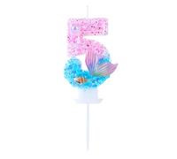EAKE Bougie d'anniversaire sirène pour 5 ans - Paillettes roses et bleues avec perle, coquillages et queue de poisson - Décoration de gâteau sur le thème de l'océan pour décoration de gâteau de fête