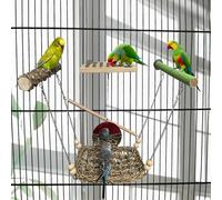 EALACRITAS Ensemble d'aire de jeux pour perroquet - Perchoirs suspendus avec supports en bois naturel, balançoire en jonc de mer, plateformes amusantes à mâcher et miroir double face pour perroquets