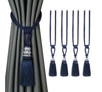 EAmrfvqt Embrasures en Corde de Coton, Embrasses de Rideaux tressées en Corde Cristal, Paquet 4 Multicolores avec Pompons(Navy)