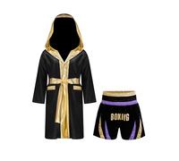 Eandarui Boxe Short Enfant avec Manteau De Boxeur Short Muay Thai MMA Kickboxing Tenue D Entraînement De Boxeur Complet Grappling Arts Martiaux Violet Clair et Or 5-6 Ans