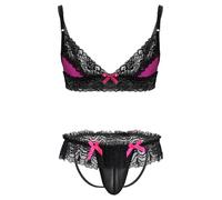Eandarui Complets Intimes Homme Dentelle Florale Soutien Gorge Push Up Transparent String Slip Noeud Papillon Poche Renflement Lingerie Sissy Travesti Chemise De Rose L