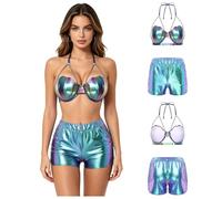 Eandarui Donna Lingerie Sirène Et Short Robe Festival Musical Set Bikini Luisant Set Dentraînement En Deux Pièces Street Wear Carnaval Bleu L