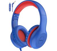 EarFun Casque Audio Enfant Filaire avec Micro Intégré, Limiteur de Volume 85/94 DB, Jack 3,5 mm, Confortable, Partage Audio, Arceau Réglable, Pliable, pour École/Voyage/Téléphone, Bleu Rouge