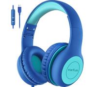 EarFun Écouteurs Casque pliable pour enfants avec micro, limiteur de volume 85/94 dB, fonction de partage, son stéréo, prise de type C, casque filaire pour école/voyage/téléphone, bleu vert