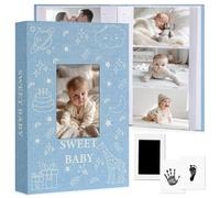 EARLY MINDS Album photo bébé 10x15 300 pochettes avec espace pour notes et kit d'empreintes de mains et pieds, couverture en lin, fenêtre avant, sans acide, pour nouveau-né garçon et fille