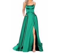 Earnmore Robe trapèze Longue en Satin avec Dos Nu, Fines Bretelles croisées dans Le Dos, Fente latérale et Poches Élégante Robe de Bal, de Mariage ou de soirée pour Femme, Vert, 38