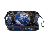 Earth and Spacecraft Trousse de toilette double couche pour femmes et filles, trousse de toilette de voyage, trousse de maquillage pratique avec compartiment à brosse, multicolore, 27x15x14