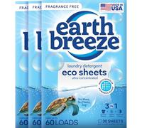Earth Breeze Lot de 3 feuilles de détergent à lessive sans parfum - 180 brassées de savon écologique sans liquide - Convient aux voyages pour les cycles chauds et froids - Élimine les taches et les