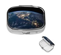 Earth from the Outer Space Pilulier carré portable à 2 compartiments pour poche ou sac à main Petit planificateur hebdomadaire de médicaments de voyage avec miroir décoratif en métal Porte-vitamines