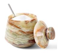 EARTHEN CRAFTS Salière en marbre avec couvercle et cuillère - Onyx vert - 10,2 cm - Fait à la main - Distributeur de sucre et de sel celtique pour le rangement de la cuisine et de la maison - Boîte de