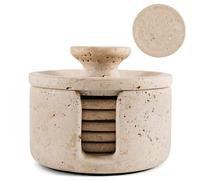 Earthen Crafts Travertin Lot de 6 Dessous de Verre en marbre avec Couvercle de Support pour Boissons, 8,9 cm, idéal pour terrasse, Salon et décoration de Cuisine