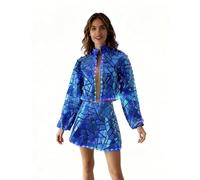 Earthradius Tenue de spectacle de scène à paillettes laser LED pour femme - Manches longues - Violet et bleu - Miroir - Costume de danse jazz, bleu, Large