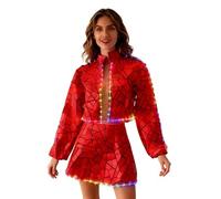 Earthradius Tenue de spectacle de scène à paillettes laser LED pour femme - Manches longues - Violet et bleu - Miroir - Costume de danse jazz, Rouge, Small