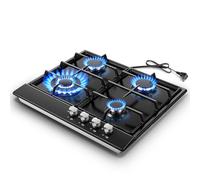 Eascookchef cuisinière à gaz 61 cm, table de cuisson à gaz de 61 cm, 4 brûleurs, cuisinière à gaz NG/GPL convertible, comptoir à gaz double brûleur en verre trempé noir avec protection thermocouple,