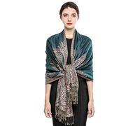EASE LEAP Écharpe Pashmina pour Femme Châle Paisley Hijab de couleur chaude avec empiècements soyeux et sensation dans les couleurs vives avec des franges 200 * 70cm (Vert foncé)
