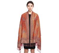 EASE LEAP Écharpe Pashmina pour Femme Châle Paisley Hijab de couleur chaude avec empiècements soyeux et sensation de luxe dans les couleurs vives avec des franges/(7-Orange)