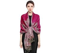 EASE LEAP Écharpe Pashmina pour Femme Châle Paisley Hijab de couleur chaude avec empiècements soyeux et sensation dans les couleurs vives avec des franges 200 * 70cm (Fuschia)